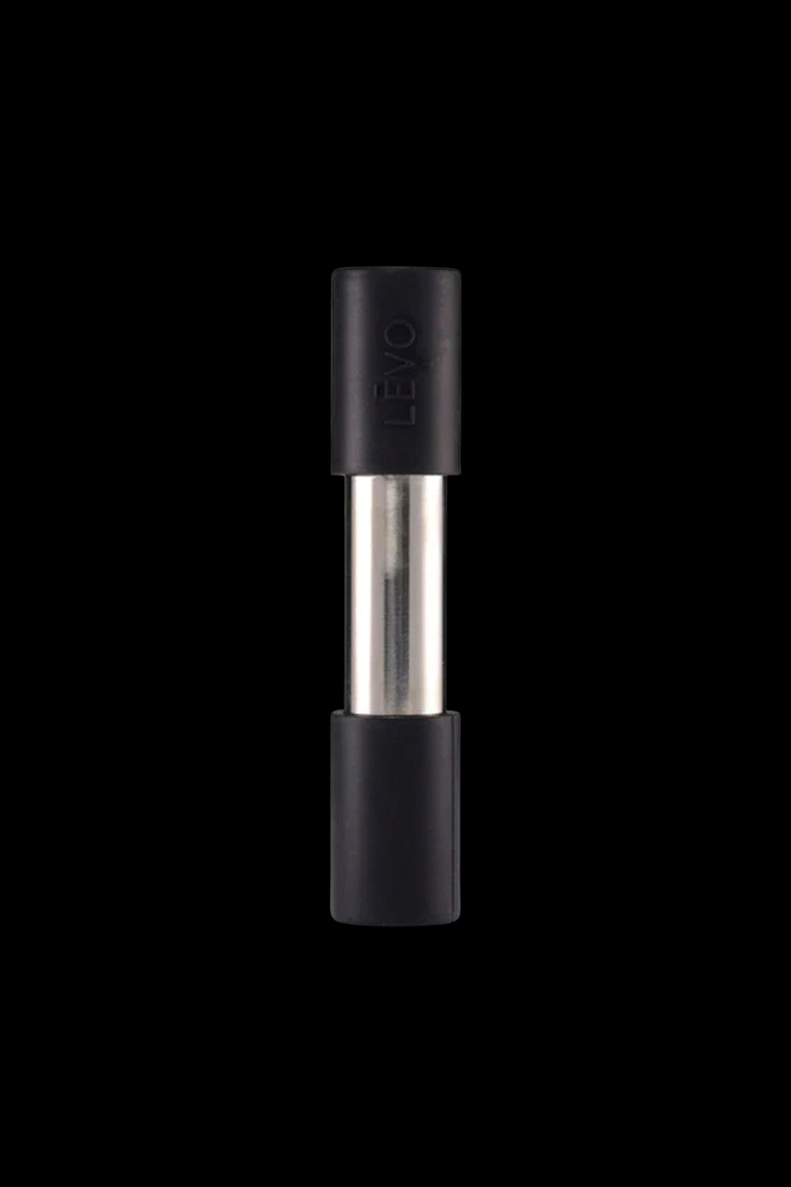 Sleek black and silver cannabis oil vape pen isolated on a black background.