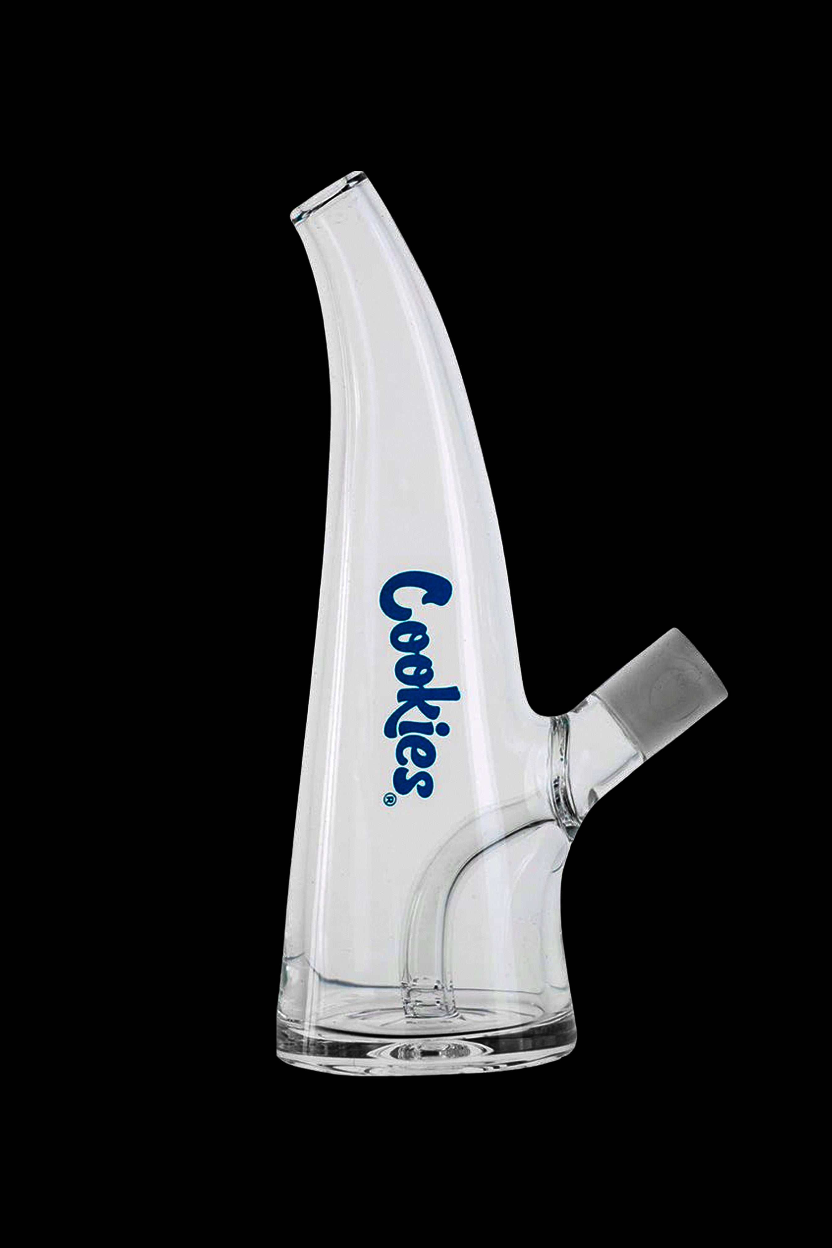Clear glass water pipe with “Cookies” logo, studio shot.