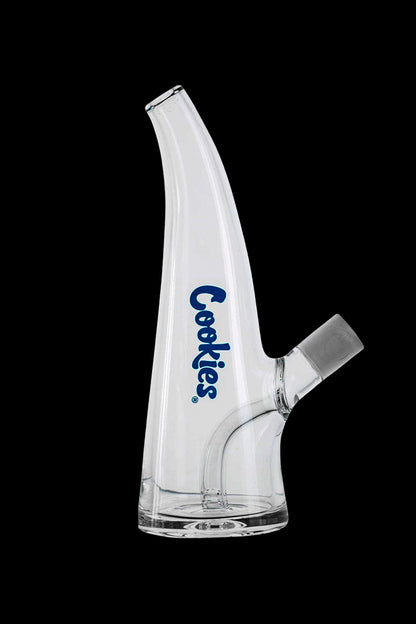 Clear glass water pipe with “Cookies” logo, studio shot.