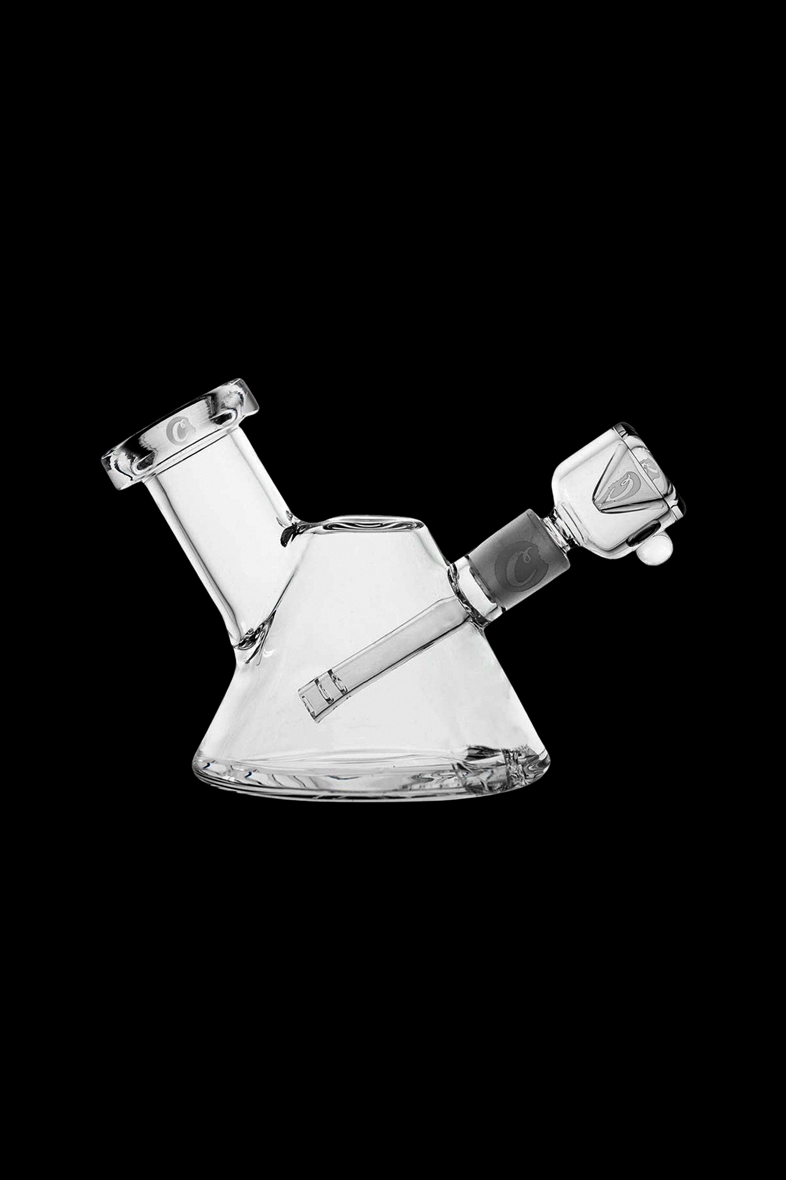 Clear glass water pipe (bong) with an angled neck and bowl.