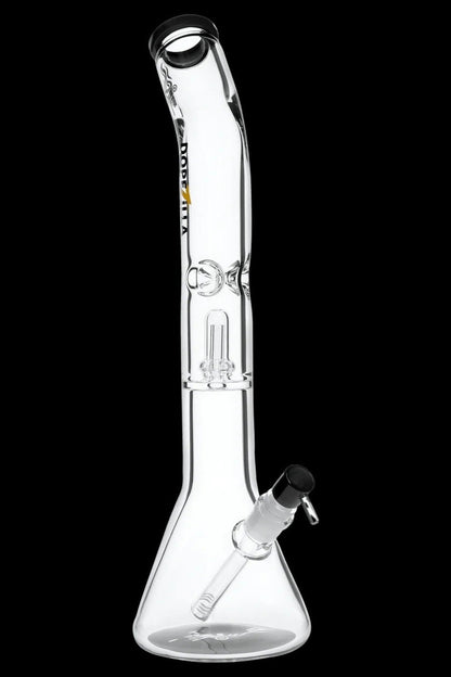 Tall, slightly angled clear glass Dopezilla Titans Promethus Bong shown front-on against a black background, highlighting the beaker base, downstem and logo.