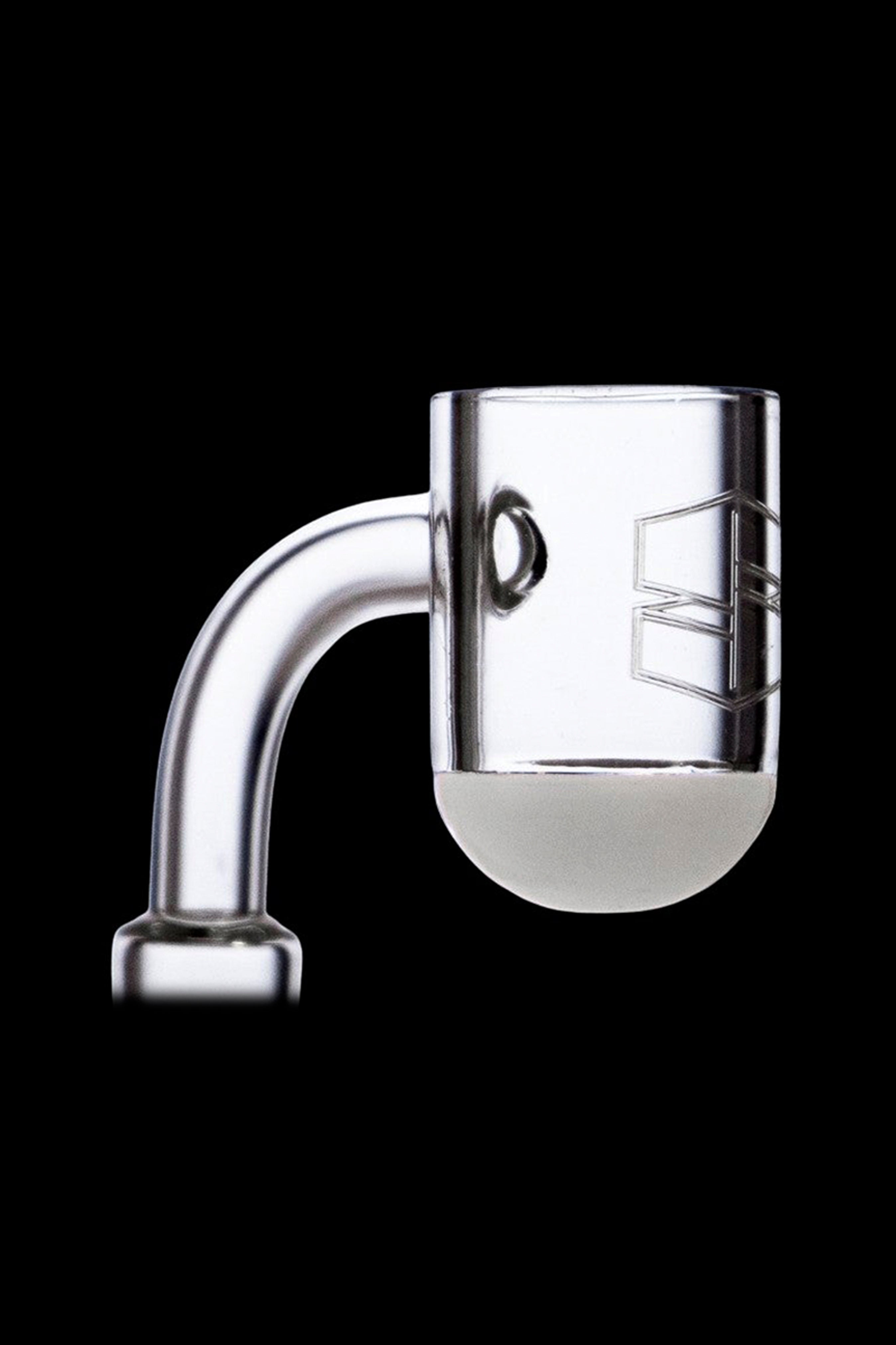 Clear quartz banger with etched design for cannabis concentrates.