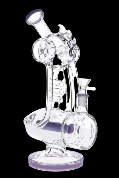 Three-quarter view of the Bent Neck Bong w/ Bowl & Banger in milky pink glass against a black background, showing its bent neck, rounded chambers and attached bowl and banger.