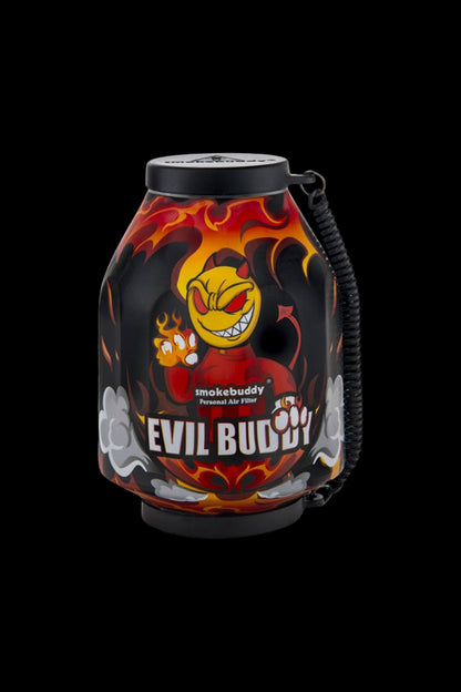 Close-up front view of the Smokebuddy Original Personal Air Filter with fiery "Evil Buddy" graphics on a black background