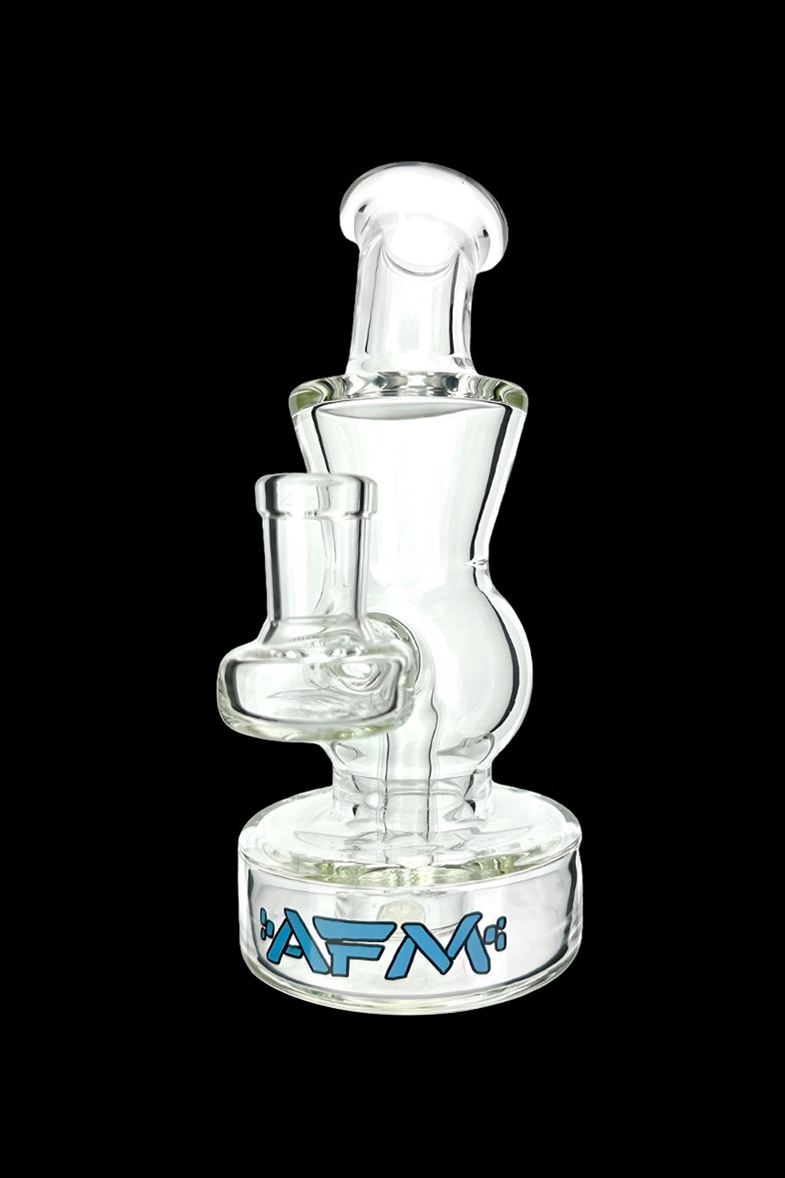 Clear glass water pipe (bong) with intricate bubbling chambers and a branded base.