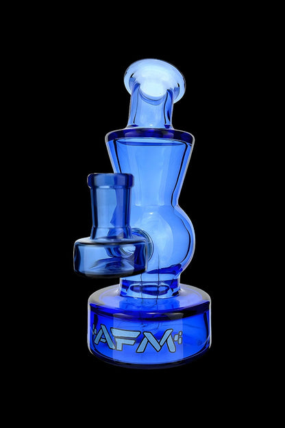Blue glass water pipe with “AFM” logo against a black background.