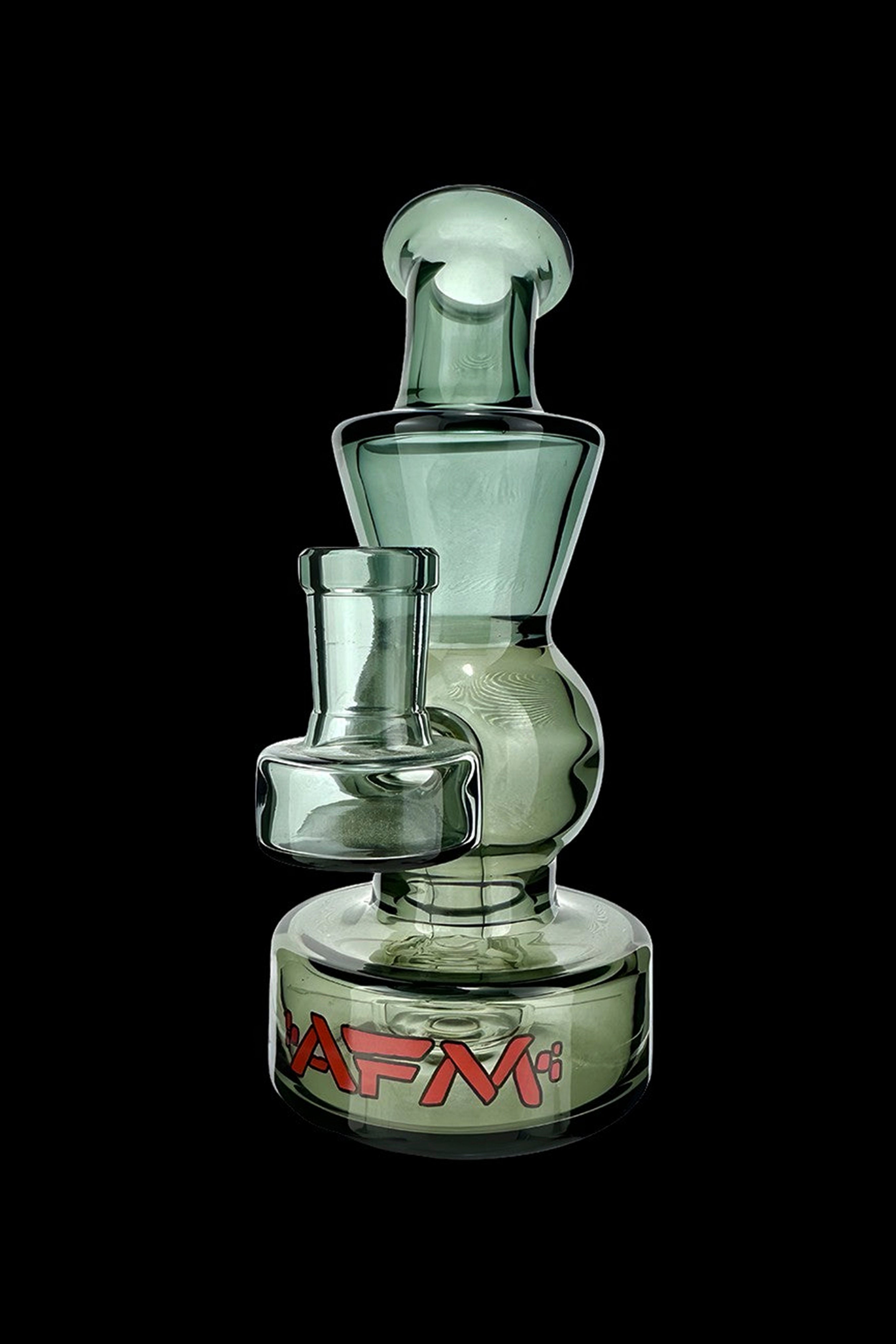 Green glass water pipe (rig) with a percolator and branded base.