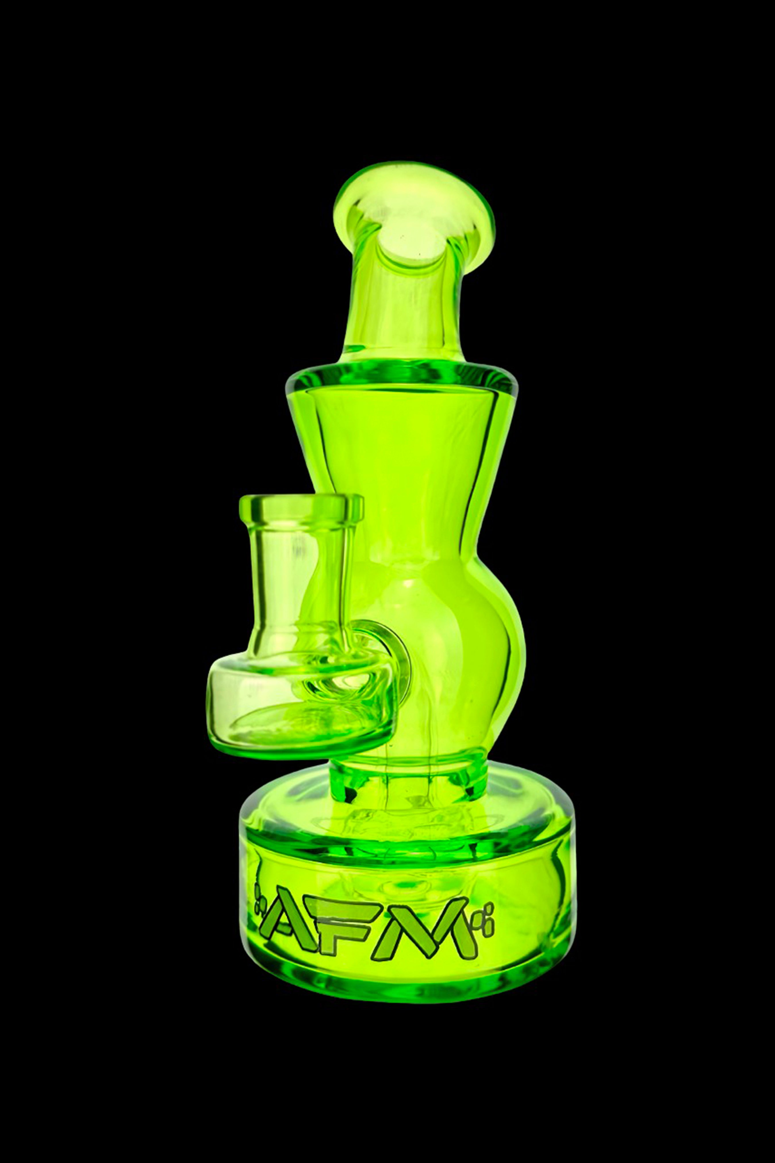 Green glass rig with intricate bubbling chambers, branded with "AFM."