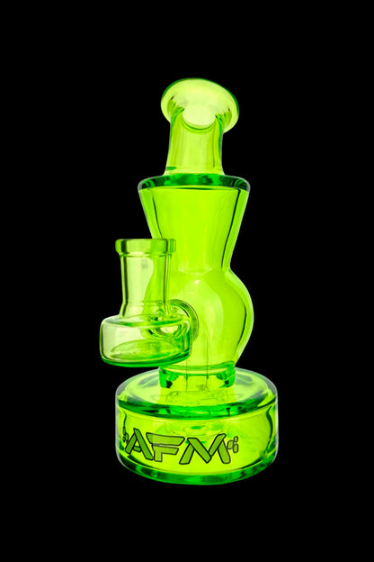 Green glass rig with intricate bubbling chambers, branded with "AFM."