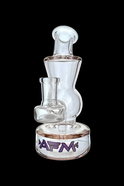 Clear glass water pipe with purple “AFM” logo.