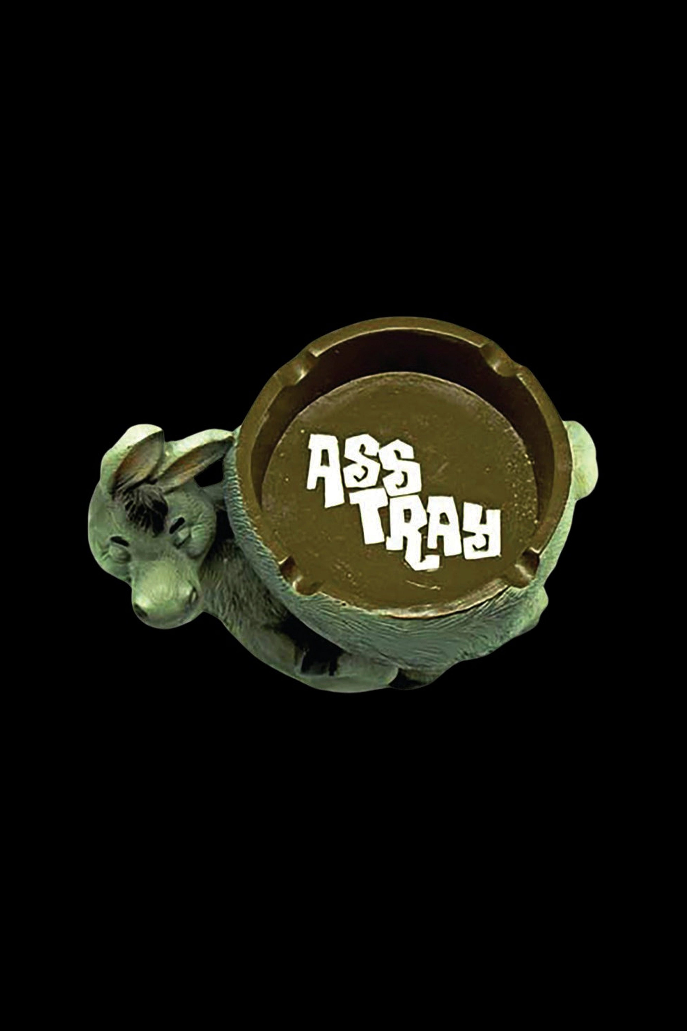 A ceramic ashtray shaped like a coiled snake with “ASS TRAY” written on its surface, set against a black background.