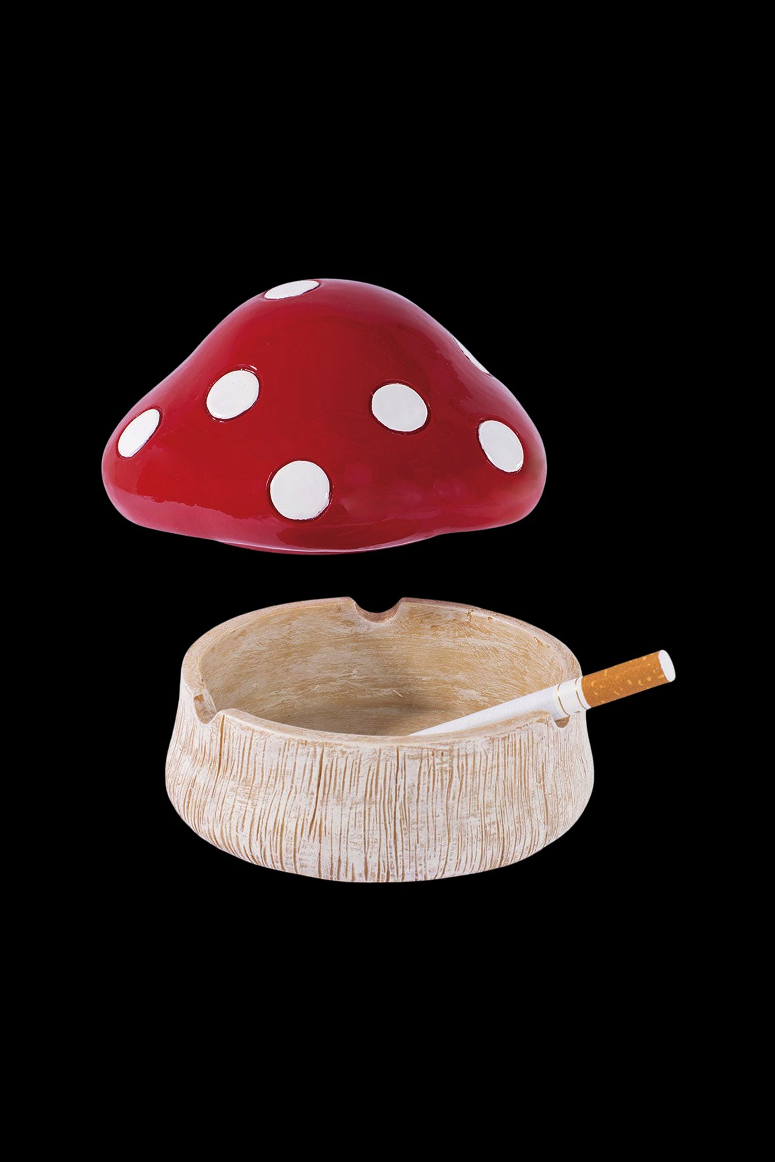 Red mushroom ashtray with a partially smoked joint inside.