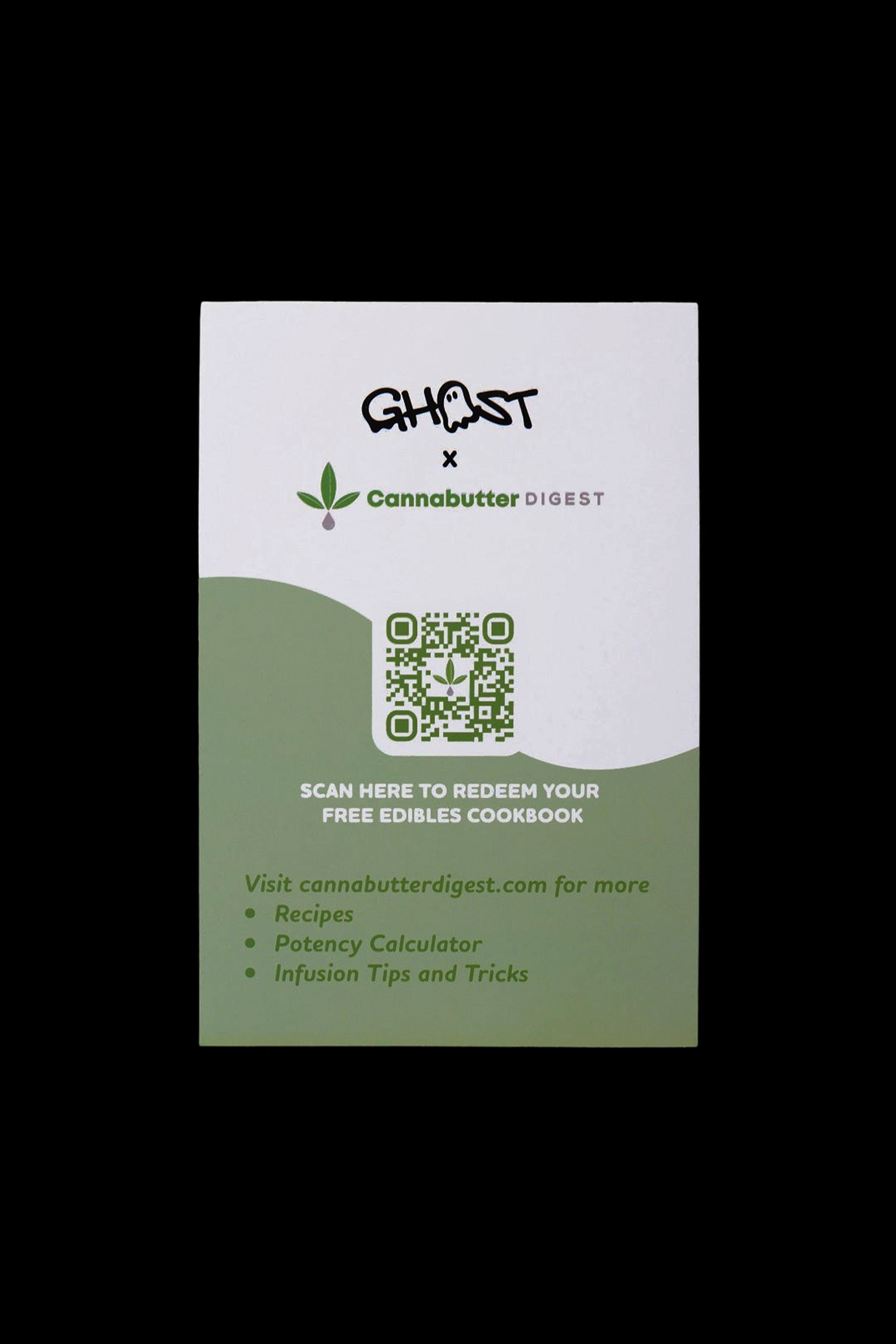 A promotional card for Cannabutter Digest featuring a QR code to redeem a free edibles cookbook, alongside listed resources like recipes, a potency calculator, and infusion tips.