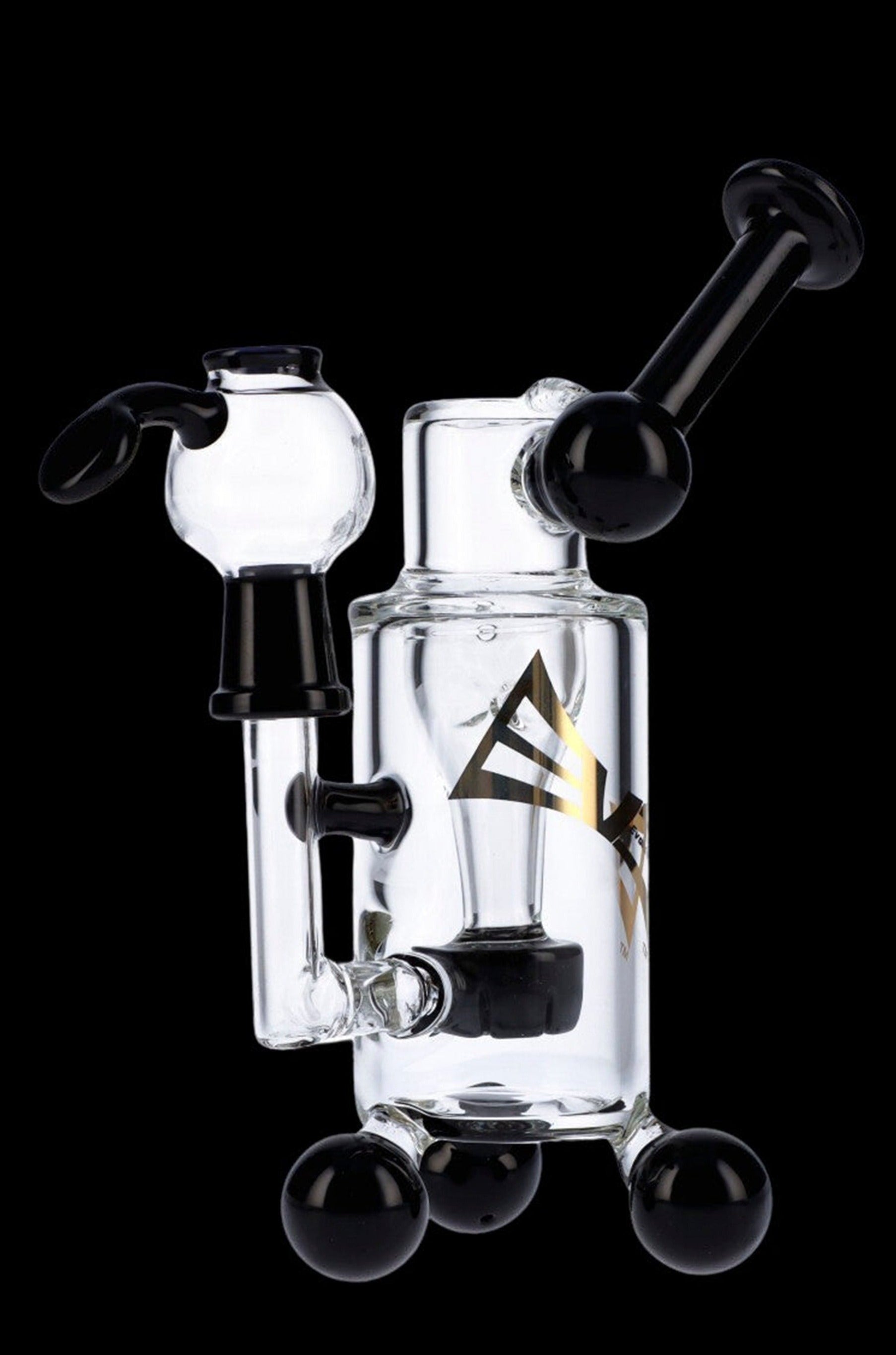Clear glass water pipe (rig) with black accents and spherical base, studio shot.