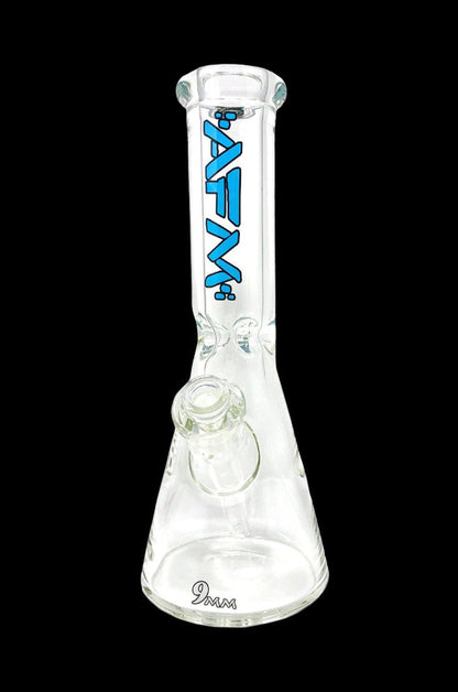 Clear glass bong with blue lettering and a percolator chamber.