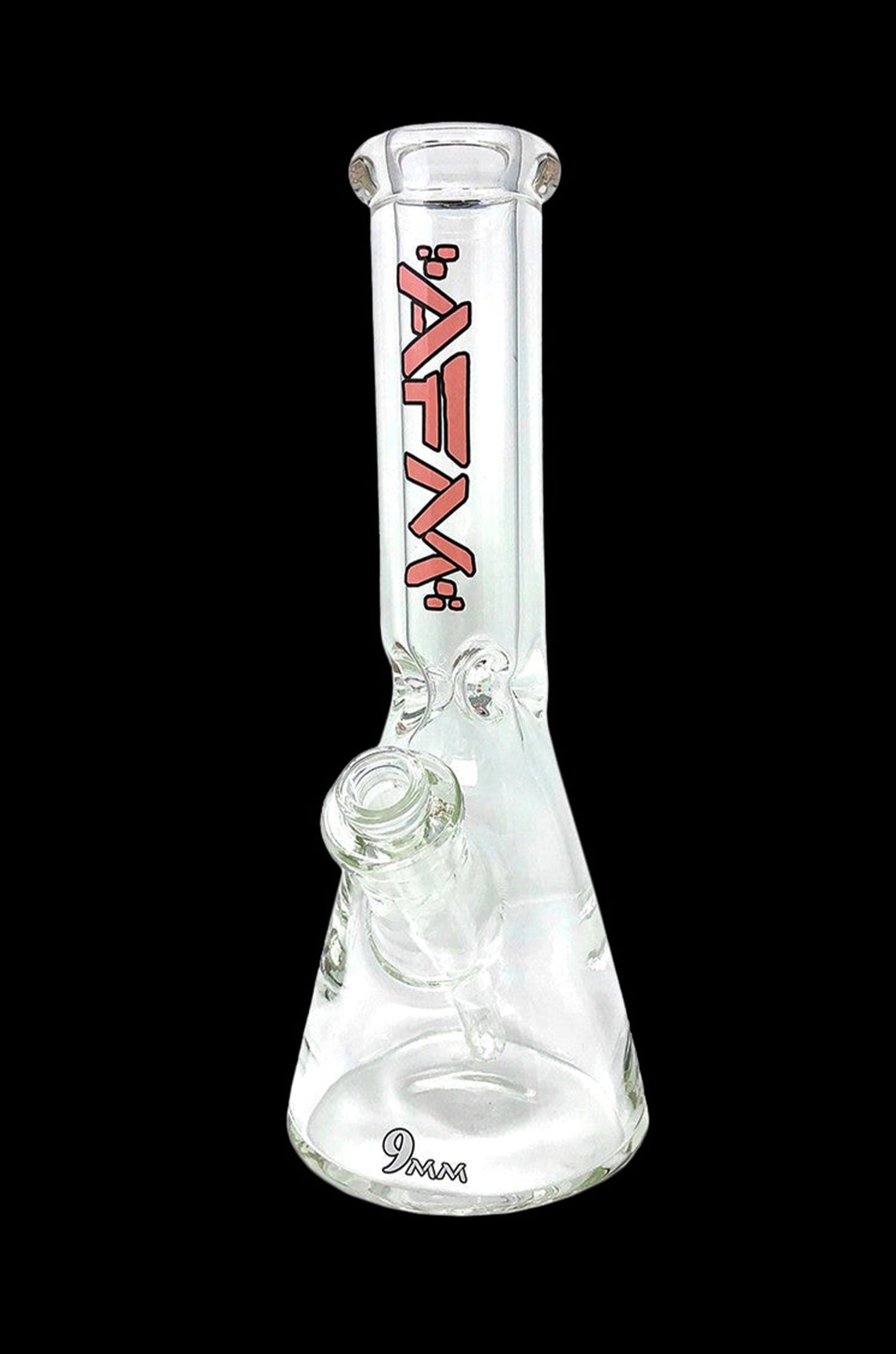 Clear glass bong with red and white lettering, and “9mm” etched at the base.