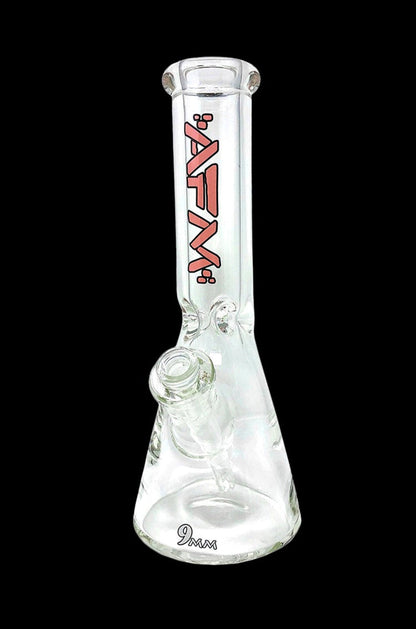 Clear glass bong with red and white lettering, and “9mm” etched at the base.