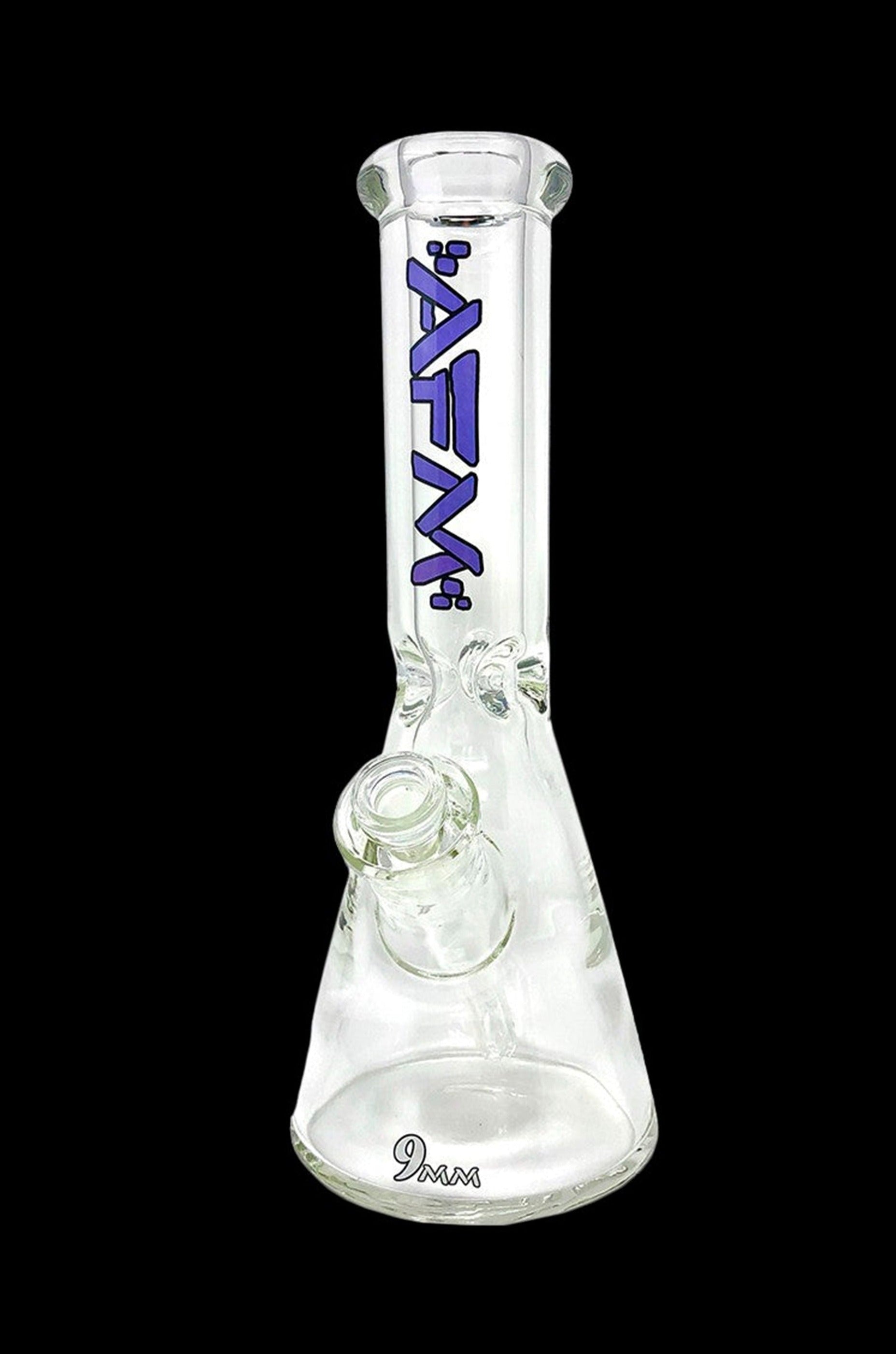 Clear glass bong with purple lettering and intricate percolators.