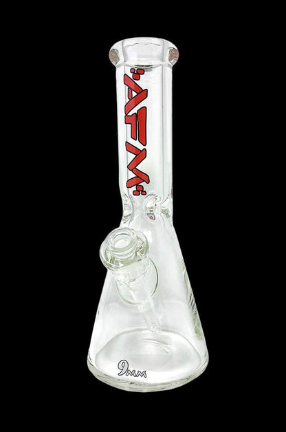 Clear glass water pipe (bong) with red lettering and a flared base.