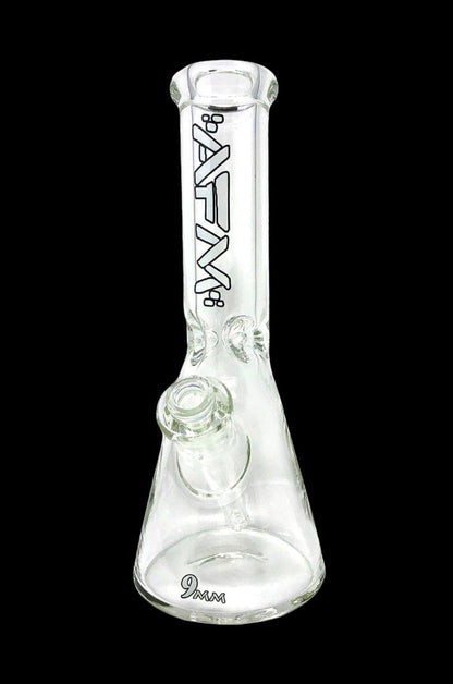 Clear glass bong with ice catch and manufacturer's logo.