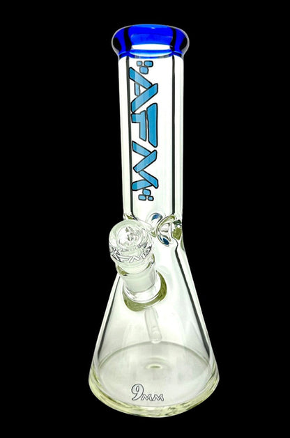 Glass bong with blue accents and a clear bowl.