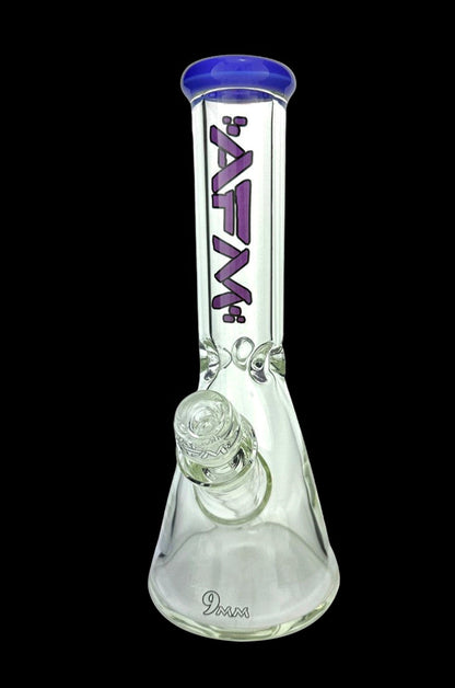Clear glass bong with purple lettering and ice catcher.