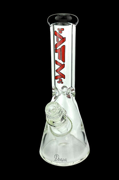 Clear glass bong with intricate swirling design and red "AFM" logo.