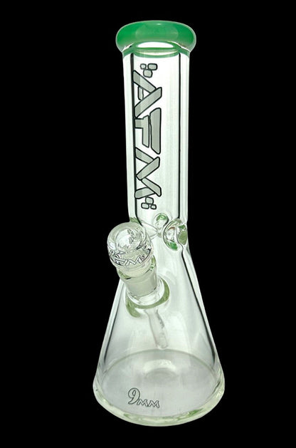 Clear glass bong with green accents and a glass bowl.