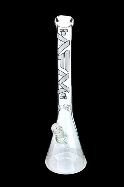 Clear glass bong with etched lettering and floral designs.