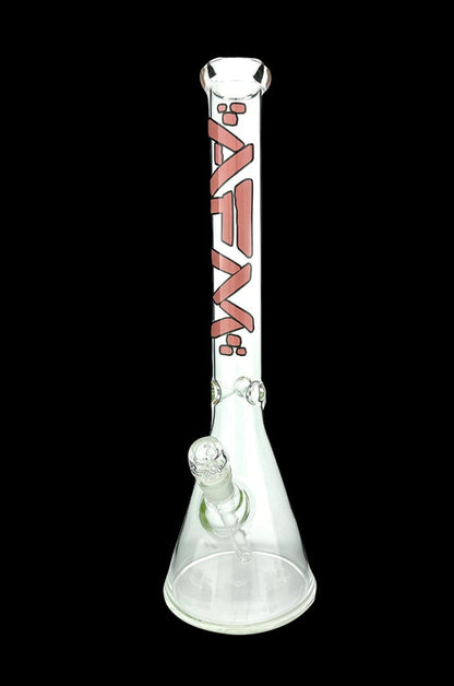 Clear glass bong with red lettering and percolator, isolated on a black background.