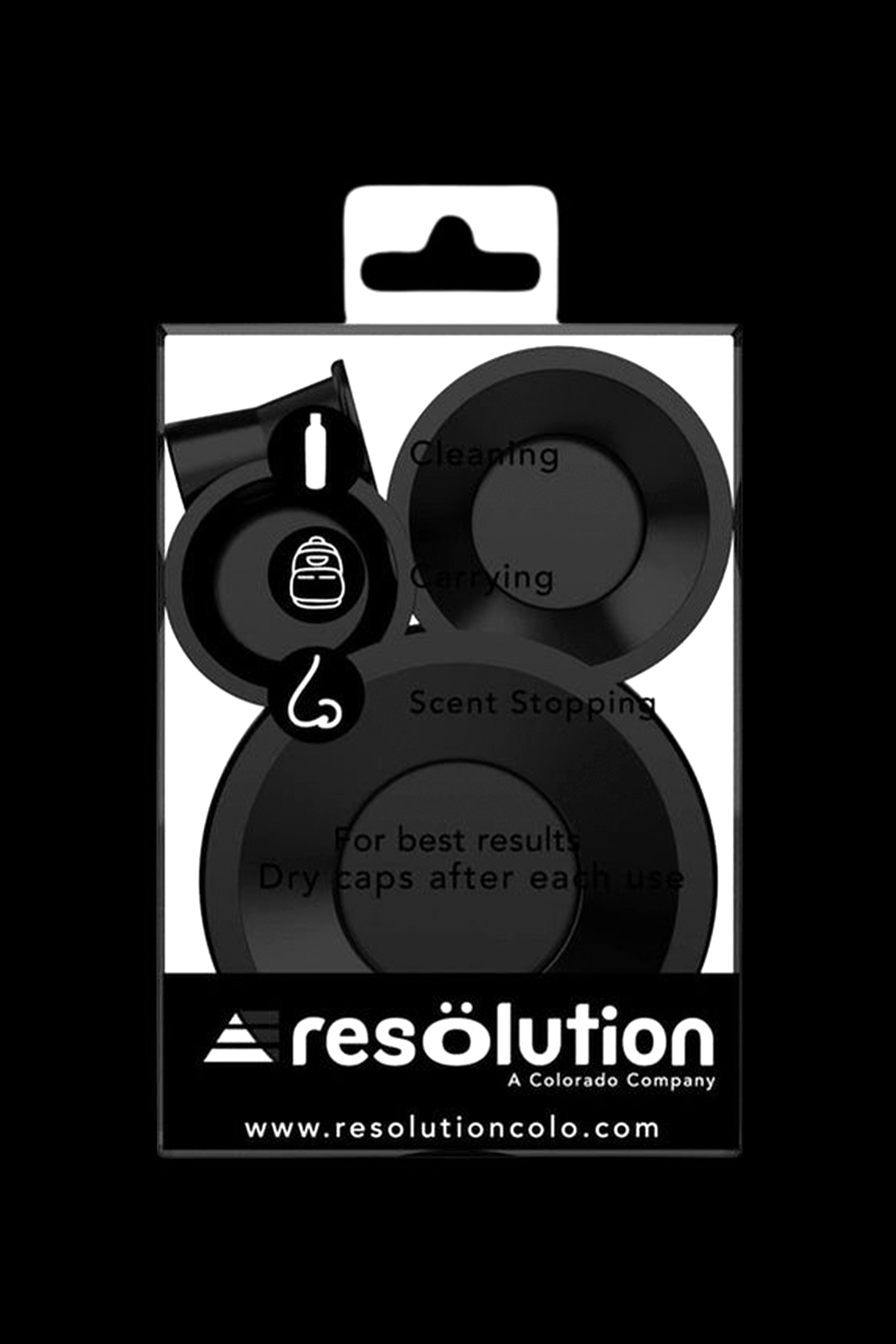 Packaging for Resölution cannabis accessories including cleaning, drying, and scent-stopping caps.