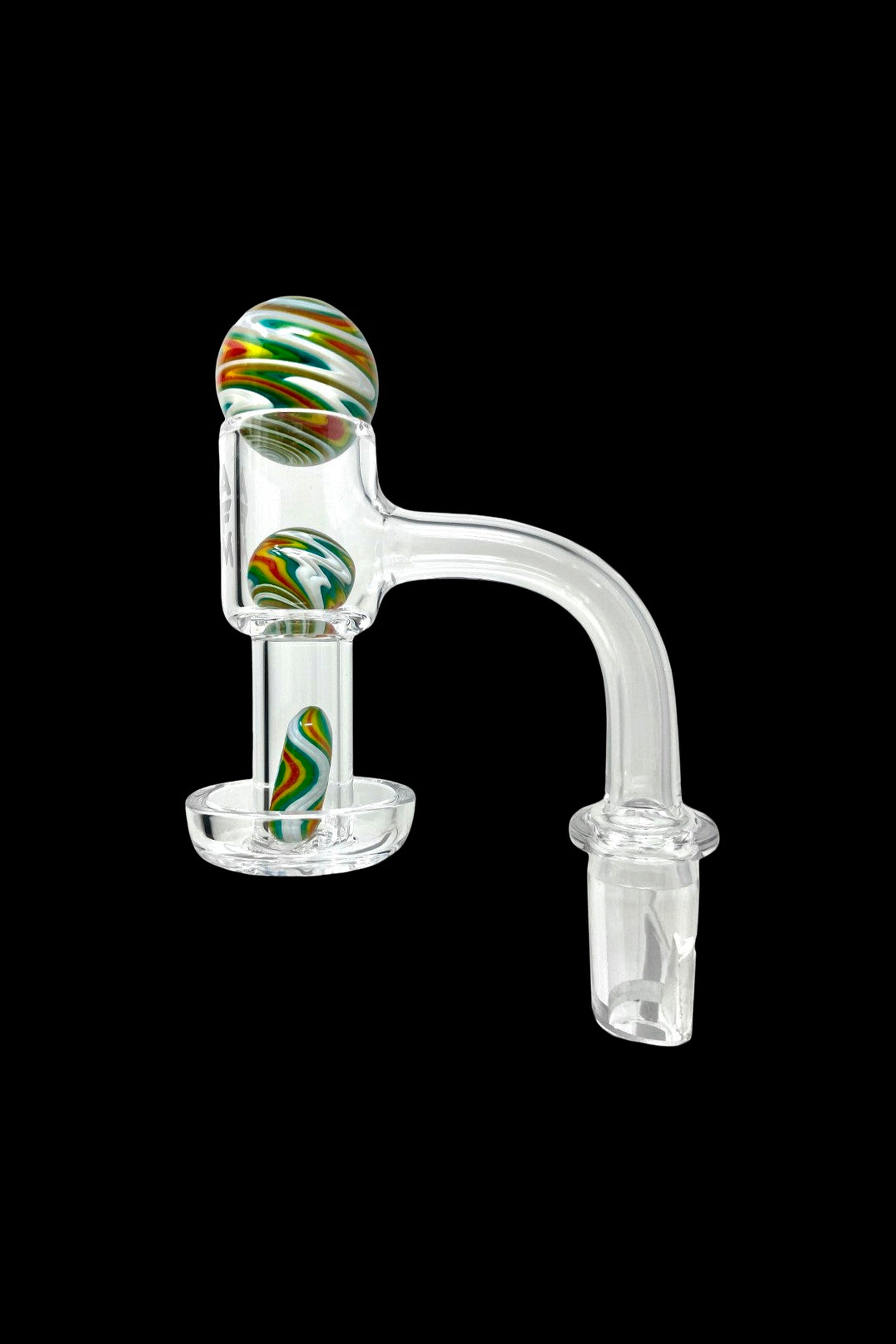 Glass cannabis oil rig attachment with colorful swirls.