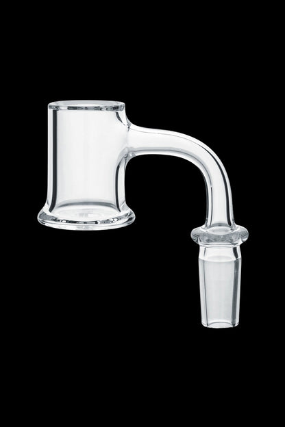 Clear glass cannabis oil rig banger with a curved neck.