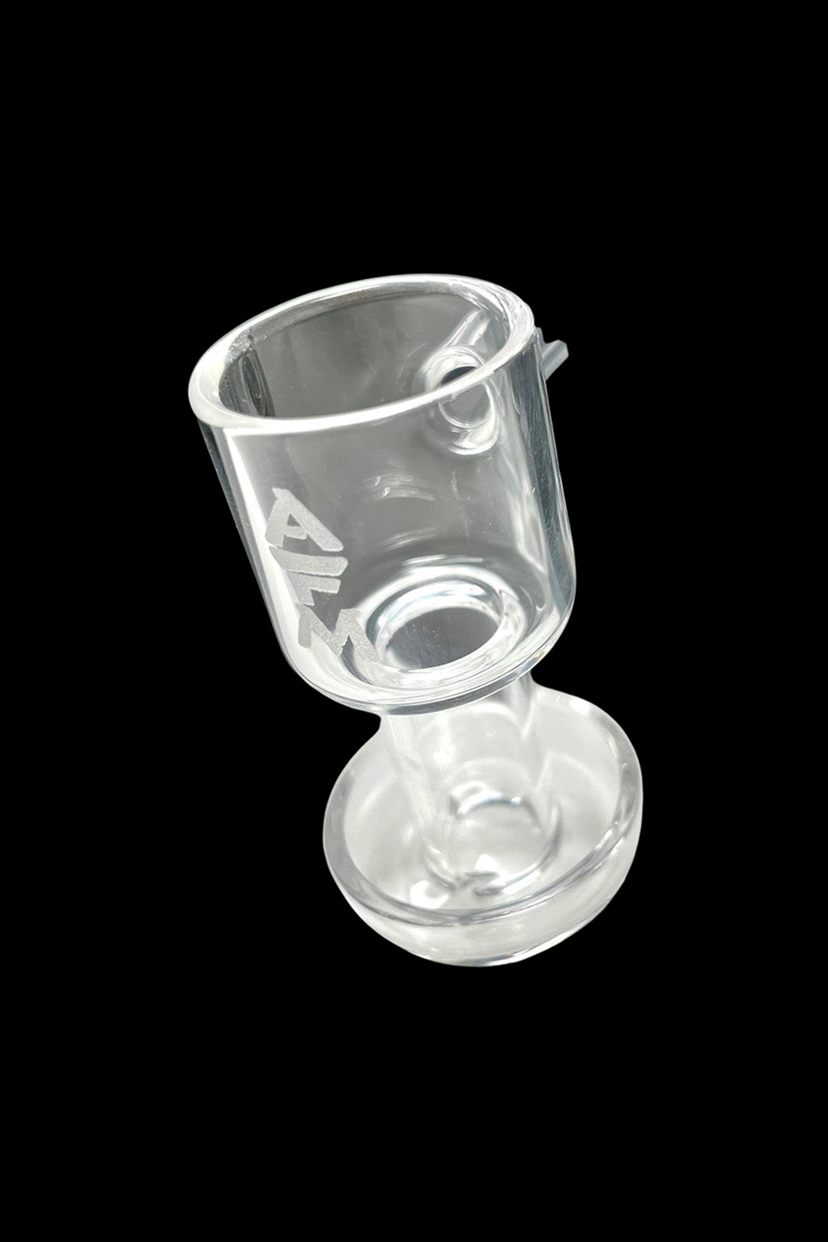 Clear glass bubbler with a rounded base and etched design.