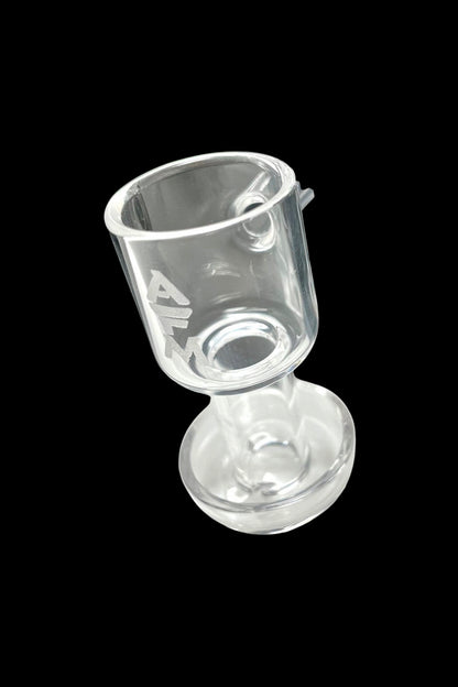 Clear glass bubbler with a rounded base and etched design.