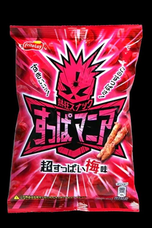 A vibrant pink bag of Japanese KoKo Calbee potato sticks with a stylized, aggressive design, marketed with cannabis-themed imagery.