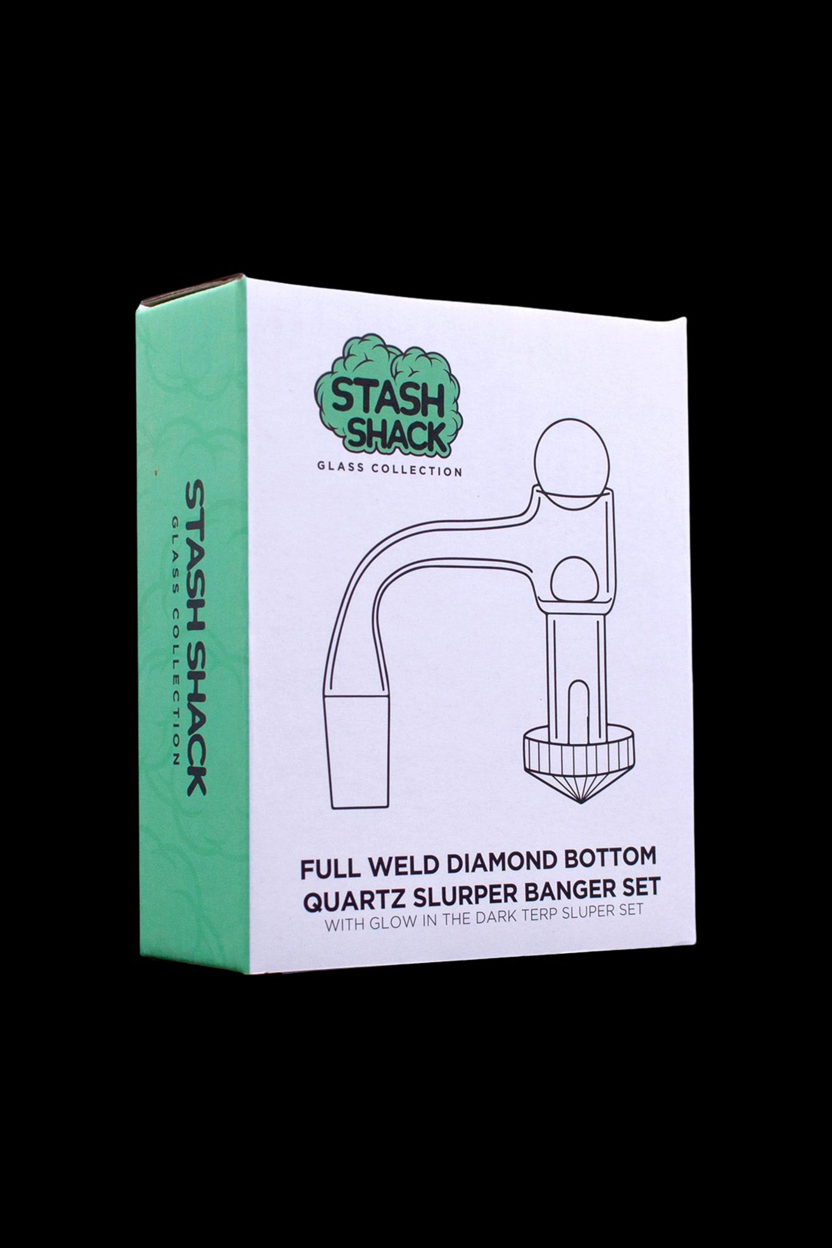 Product box for "Stash Shack" quartz banger set, featuring a diagram of the glass piece and text indicating it's a “Full Weld Diamond Bottom Quartz Slurper” with glow-in-the-dark features.