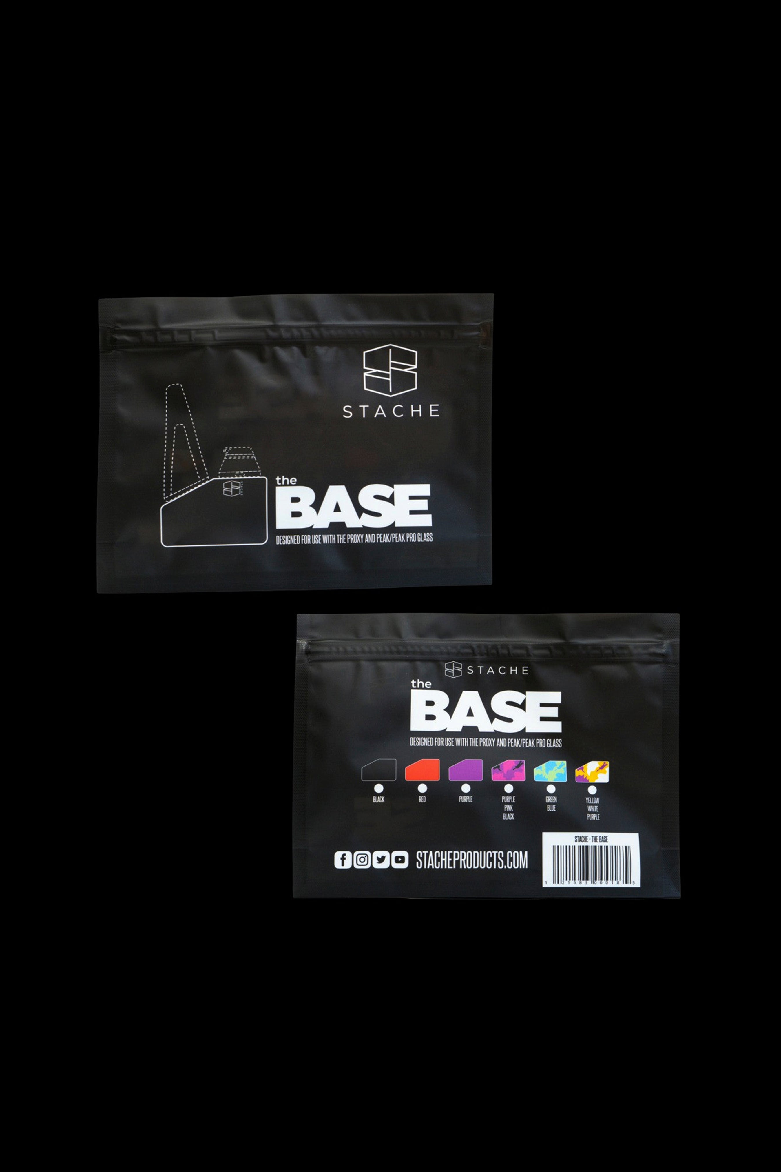 Black retail bag for “The Base” cannabis accessory, displaying color options and website information.