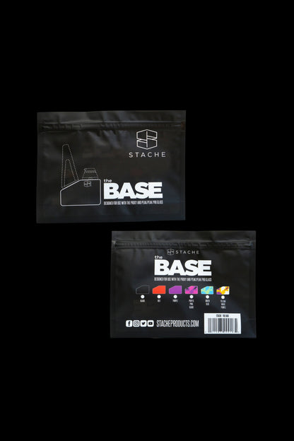 Black retail bag for “The Base” cannabis accessory, displaying color options and website information.