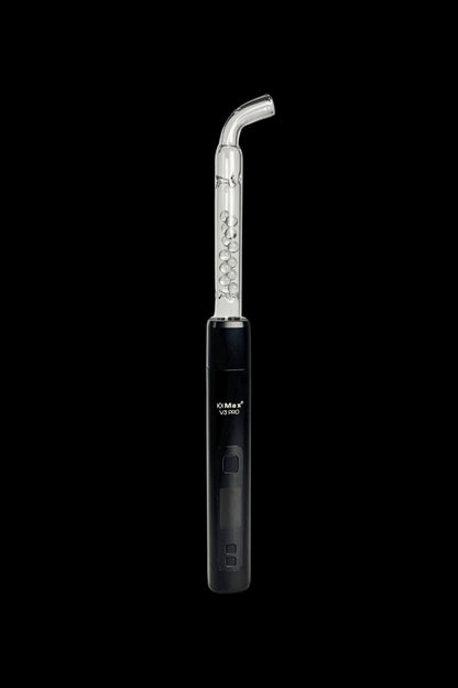 Black XMAX V3 Pro cannabis oil vaporizer pen with a clear, curved glass attachment.