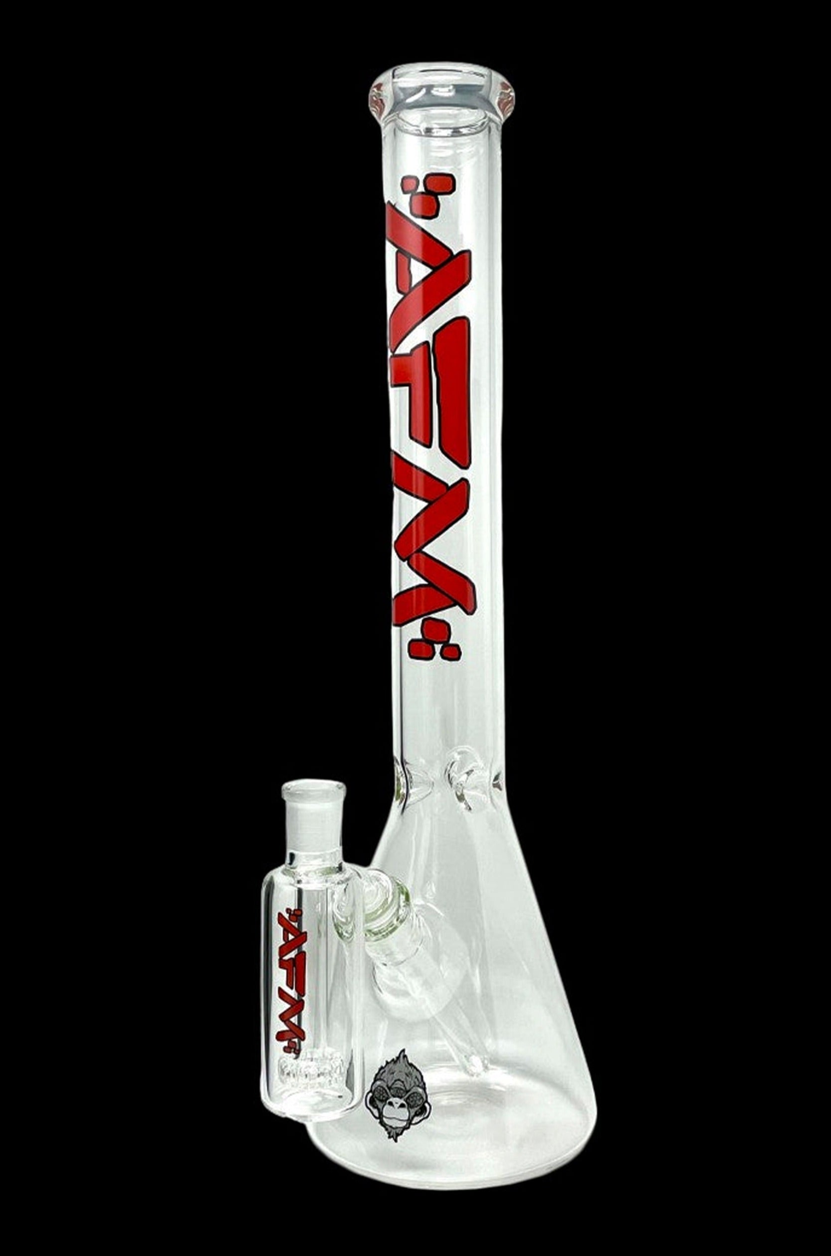 Clear glass bong with red lettering and a gorilla-themed decal.