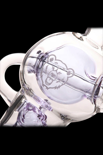 Glass water pipe with a bear graphic and purple swirls.