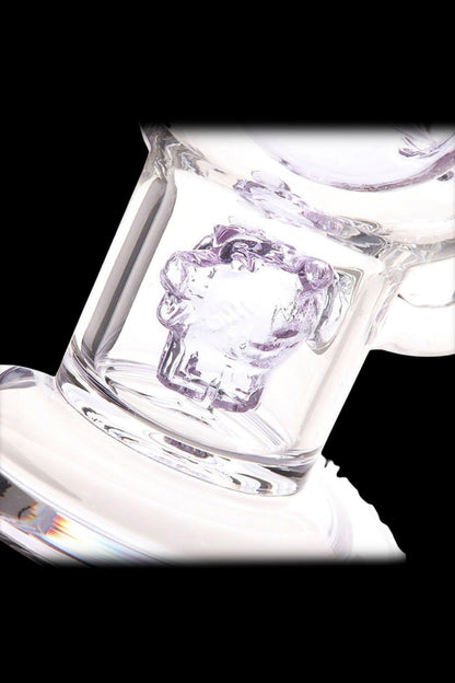 Clear glass water pipe (bong) with intricate sculpted details.