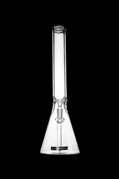 Clear glass bong with a wide base and narrow neck, studio shot on a black background.