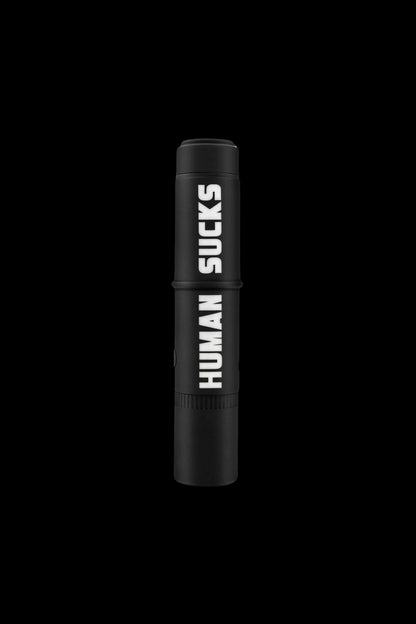 Black cannabis one-hitter with “HUMAN SUCKS” text vertically down the side. <start_of_image>