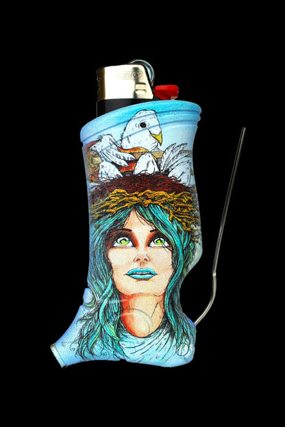 Hand-painted lighter sleeve featuring a portrait of a woman with doves, alongside a lighter and cleaning tool, on a black background.