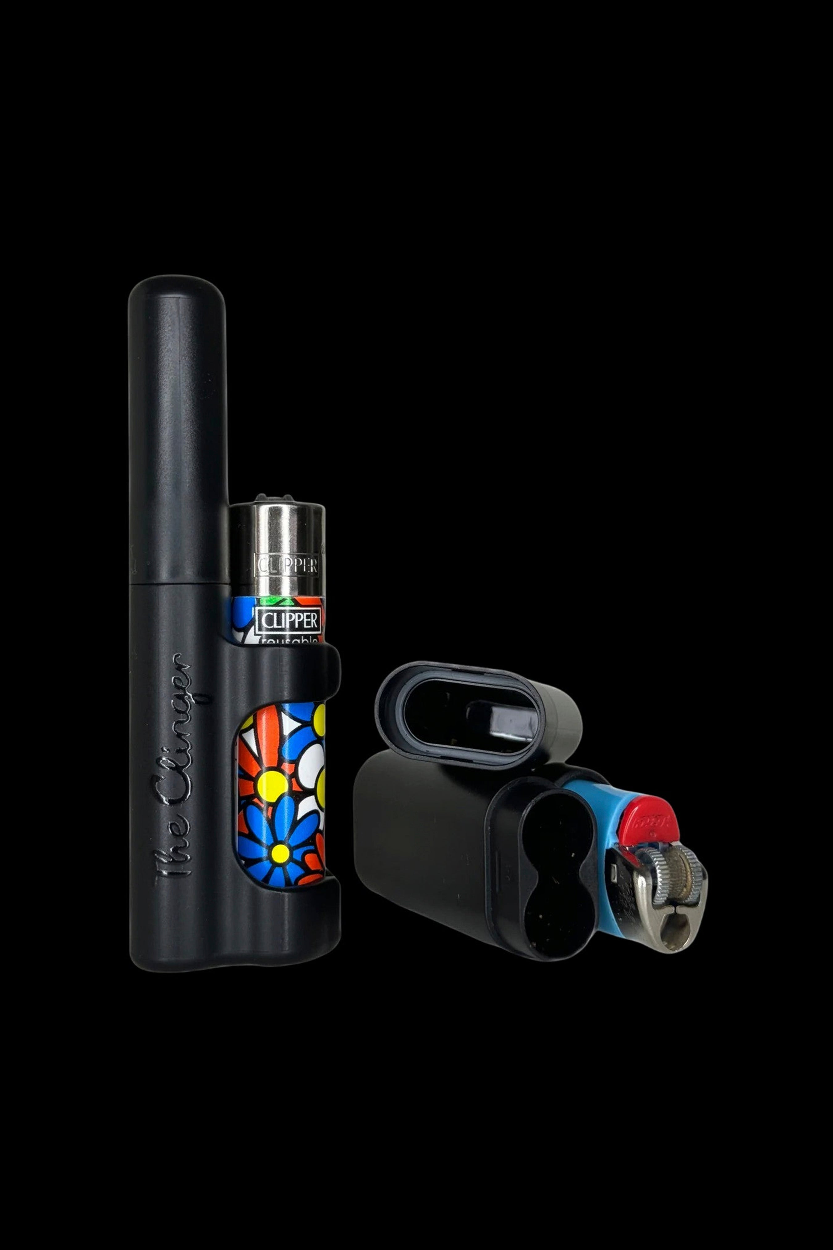 Black cannabis vape pen and open AirPods case with a lit lighter beside them, against a black background.