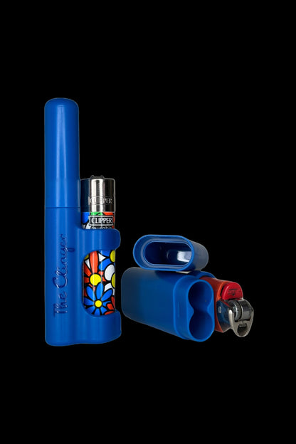 Blue cannabis one-hitter pipe, lighter, and carrying case on a black background.
