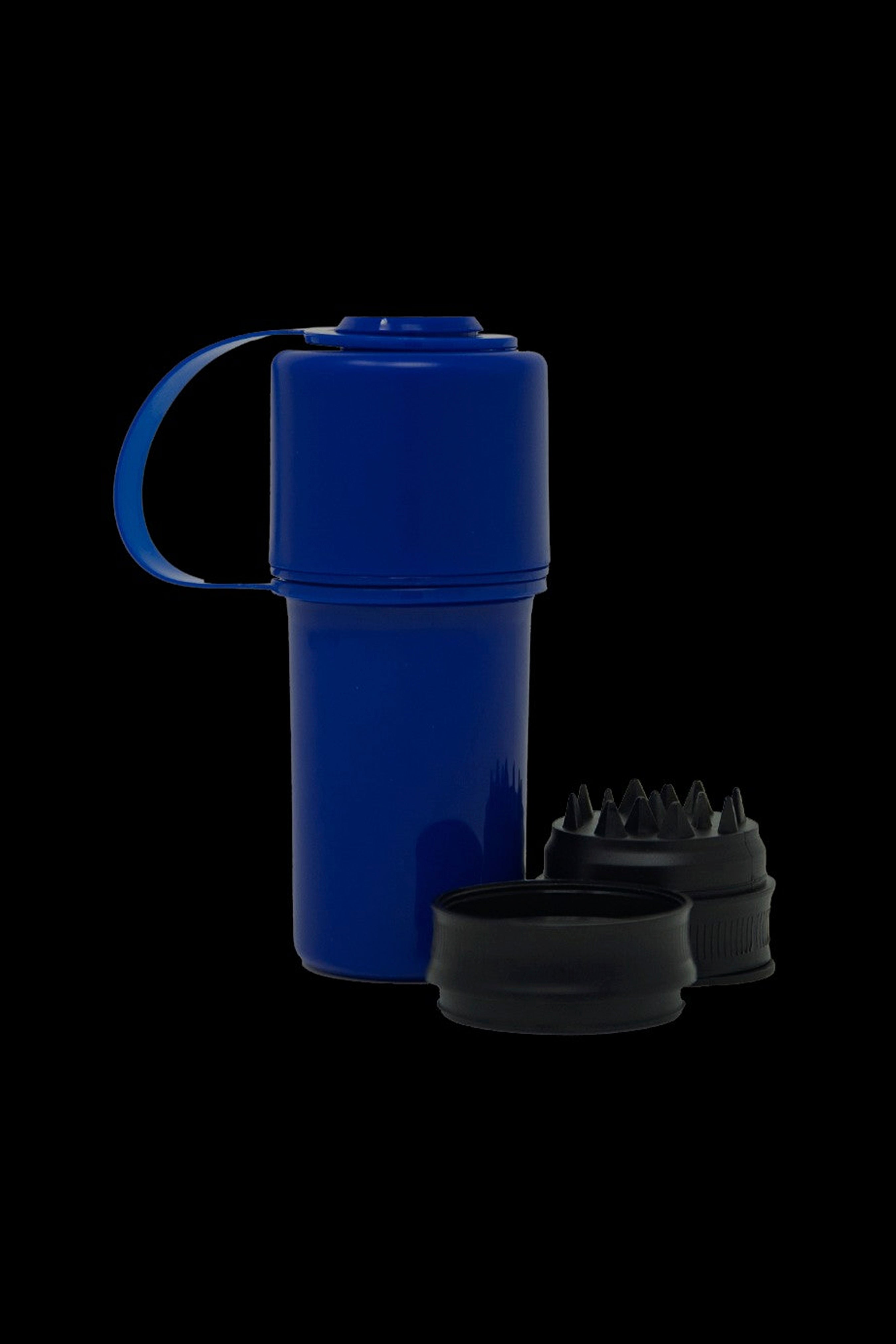 Blue cannabis grinder with removable parts displayed on a white background.