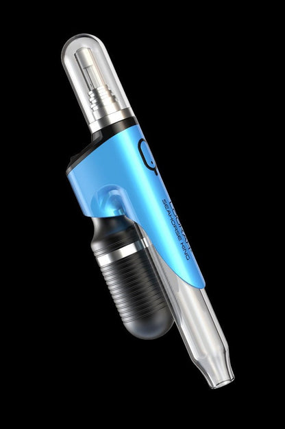 Blue and silver electronic dab rig with glass mouthpiece.